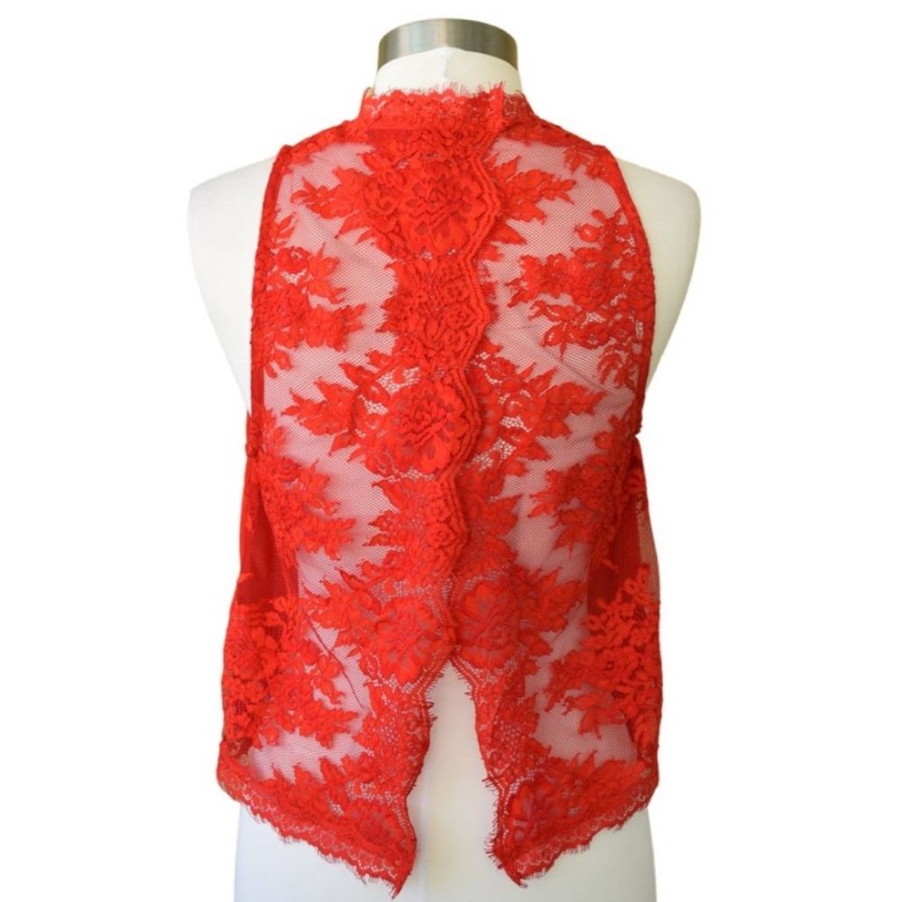 Free People Red Tied To You Open Back Lace High Neck Blouse